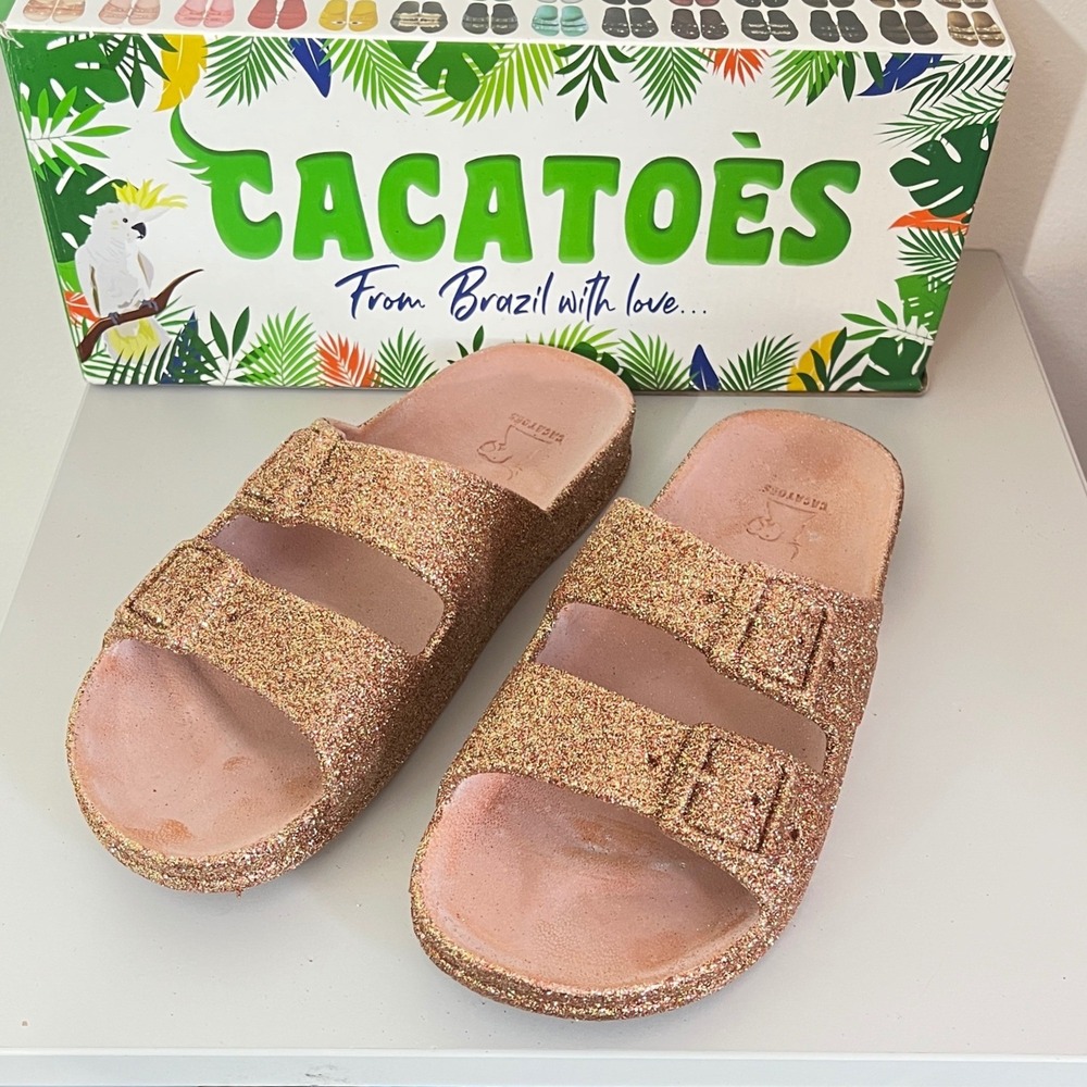 Cacatoes‎ Trancoso Sandals Women 4/5 Sahara Gold Glitter Double Strap Slides